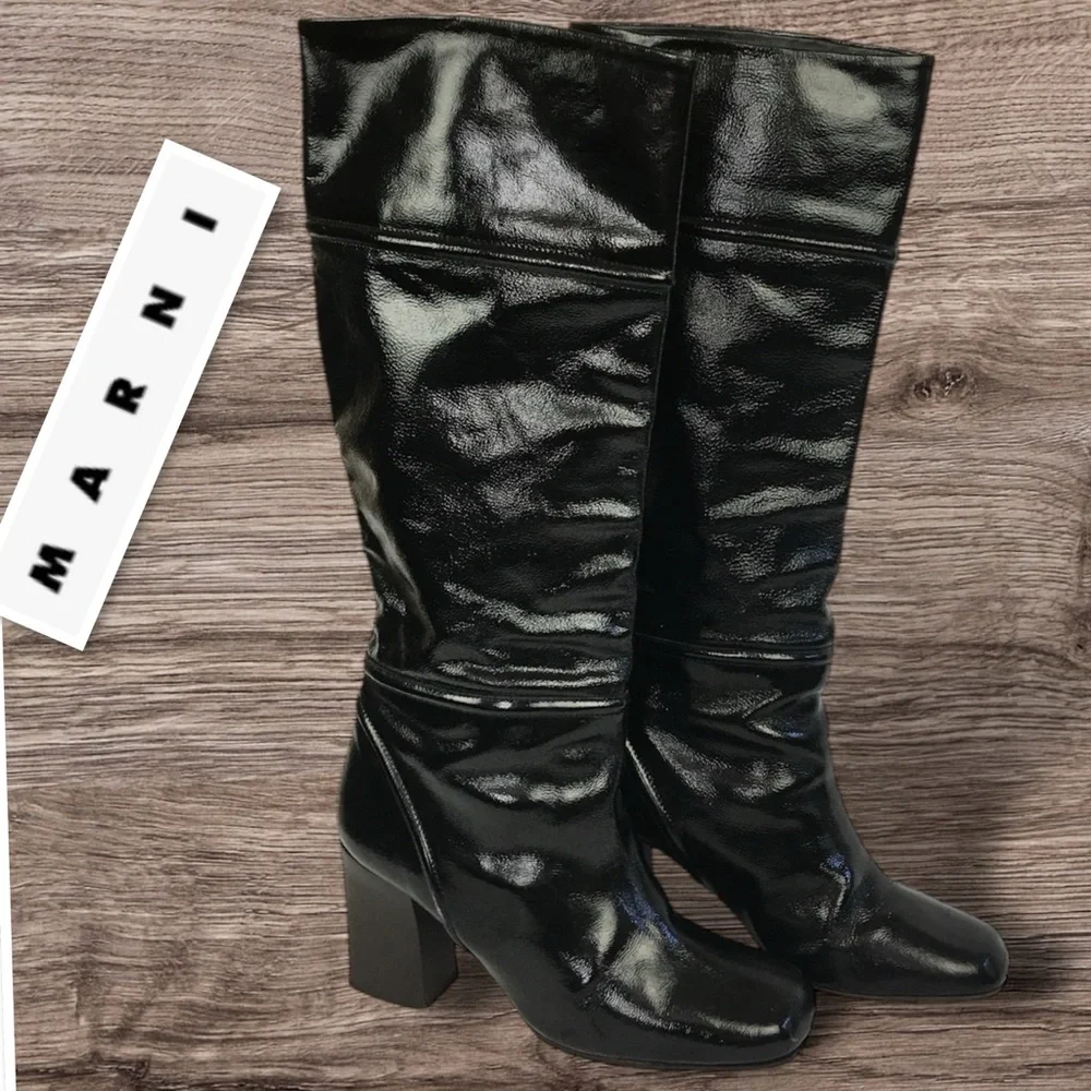 MARNI Made In Italy Designer Patent Leather Knee Boots In Black Size 41 (US11) - Picture 2 of 14